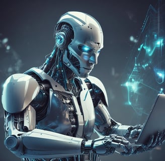 A robotic apparatus is interacting with a keyboard, using articulated, mechanical arms and fingers equipped with wires and various components. The background is predominantly blue, providing a contrast to the metal and electronic elements of the robot.