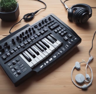 A close-up view of an electronic music production device with multiple buttons and knobs. The device has various labeled buttons such as 'Kick', 'Snare', 'Metal', 'Perc', and 'Tone'. Several knobs are arranged in rows, and there are colorful light streaks across the image. To the left, coiled cables and part of a headphone are visible.