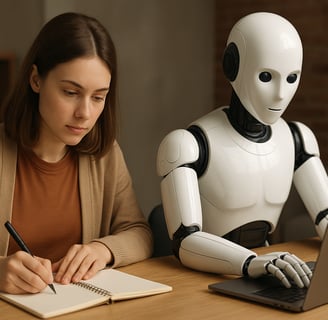 Pessoa escrevendo em caderno ao lado de um robô humanoide que digita em um notebook, representando a