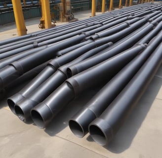 Multiple metal pipes are mounted along a textured concrete wall. The pipes vary in size and are arranged both vertically and horizontally, connected by clamps and a junction box.