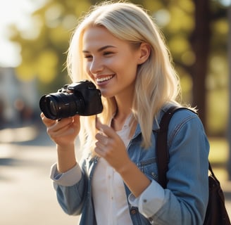 A photographer adjusts his camera while a woman stands nearby, in front of a building with a red roof and brick walls. The setting appears to be a formal outdoor location with a garden and pathways.