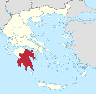 Peloponnese region on a map of greece