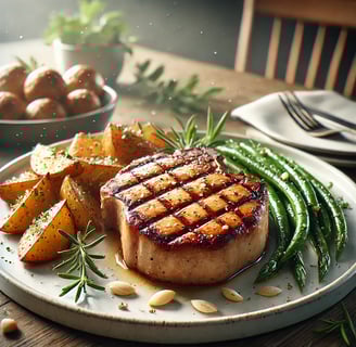 Photo of a plated grilled pork chop with side dishes.