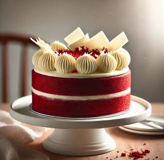 A picture of a beautiful red velvet cake ready to be served.