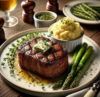 Tempting picture of a tasty steak, perfectly grilled and served with delightful sides in a backyard 