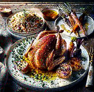 Roasted quail, plated with side dishes and ready to serve.