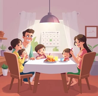 Família feliz organizando a rotina diária das crianças, com pais e filhos sorridentes em uma sala 