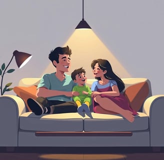 Família sorridente sentada no sofá, dialogando e fortalecendo a conexão entre pais e filho, simboliz