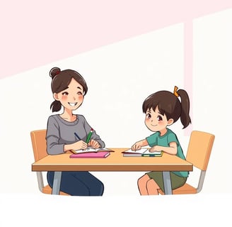 "Mãe e filho estudando juntos à mesa, em clima tranquilo e carinhoso, representando acompanhamento 