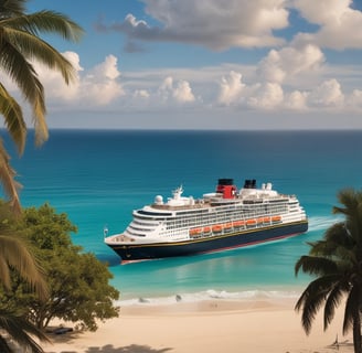 A large cruise ship is sailing on a calm body of water with several buildings and cranes visible in the background. The ship is adorned with multiple decks and features lifeboats and passenger windows along its side.