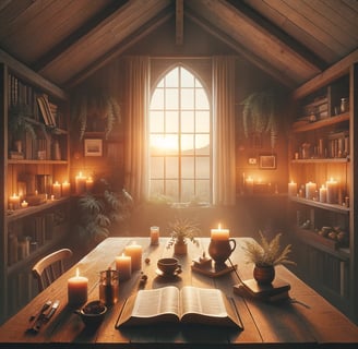 Tranquil prayer corner with open Bible, lit candle, and sunrise view, embodying a peaceful Monday