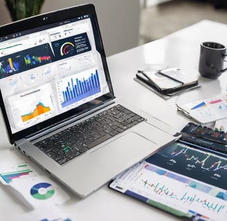 a laptop computer sitting on a desk with a cup of coffee to prepear Marketing Strategy