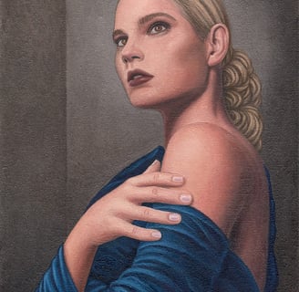 an oil  painting of a woman with blonde hair in a blue dress