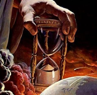 Jesus holding an hourglass in front of the Earth
