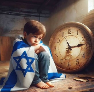 A sad Jewish boy sitting next to a clock