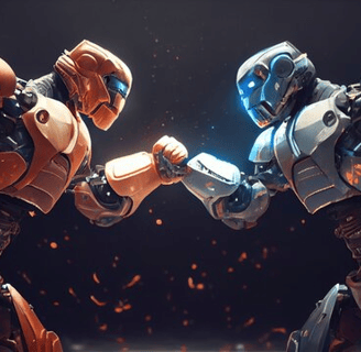 two robots fighting over a firework