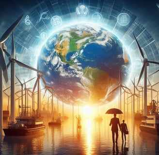 a man and woman standing in front of a globe map