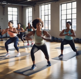A group of people is participating in an outdoor fitness class on a paved area with yoga mats laid out. In the foreground, a person with braided hair, wearing a sleeveless top and leggings, raises their arms. Other participants are dressed in sportswear, energetically following the movements of the instructor.