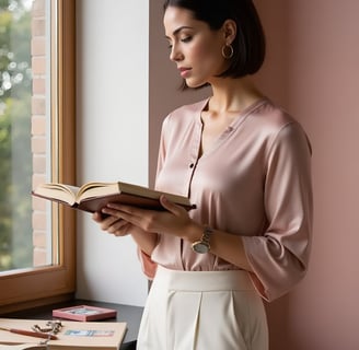 Vivienne reviewing a moodboard in soft blush lighting, side-lit by a tall studio window.