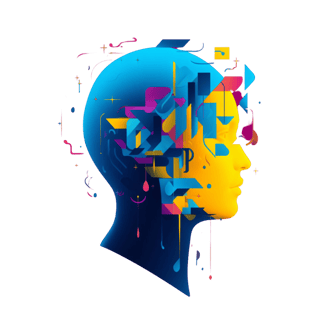 Silhouette of a human head infused with AI art, futuristic aesthetic & yellow, blue, violet colors