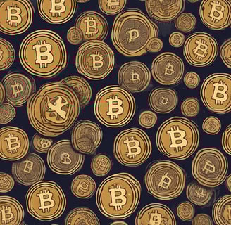 A stylized image features a pastel-colored wallet surrounded by symbols of digital currency, such as Bitcoin and Tezos icons. There are also illustrative graphics resembling mountains and a play button. The background is a solid lavender color, complementing the soft tones of the design.
