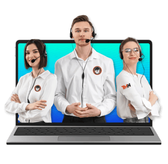 Three TaskManager-Nexus tech support reps in headsets and white shirts, confidently posed against a sleek black background.
