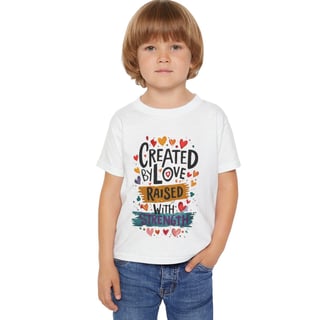 a young boy wearing a white shirt with a heart shaped design on it