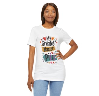 a woman wearing a white t - shirt with a colorful design