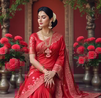 A woman stands in a busy urban setting, wearing traditional clothing with intricate patterns. She is wrapped in a shawl and appears to be holding a small object. The background shows other people walking and sitting, with a large building featuring classical architectural elements.