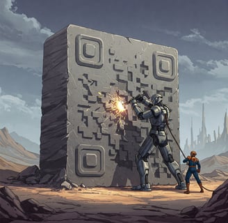 Robot humanoide gigante tallando en piedra un código QR.