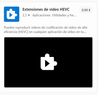 Captura de Microsoft Store de las Extensiones de vídeo HEVC que cuestan 0,99€.