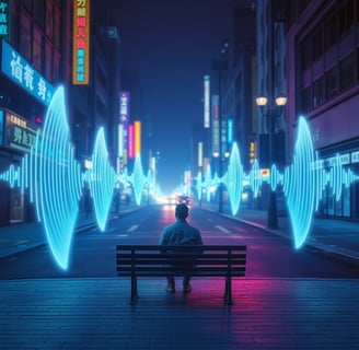 Noche en la ciudad, un banco en mitad de la calle, una persona sentada en él, y ondas de audio siguen la calle.