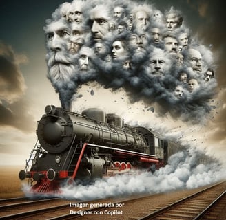 Una locomotora de vapor va a toda velocidad y en el humo que genera hay un montón de rostros de personas diferentes.