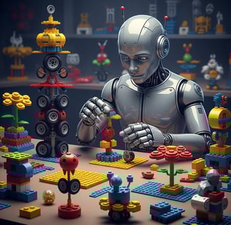 Robot humanoide construyendo objetos extraños con piezas de lego.