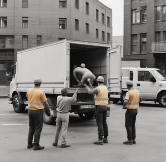 A man stands next to a large truck, which has a black tarp covering its side. Several other trucks appear lined up, and motorcycles are parked in the background. The area looks like an industrial or loading zone with concrete and metal structures.
