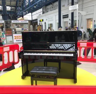 Steinway piano at Brighton Station before Channel 4’s The Piano with Claudia, Mika & Jon Batiste