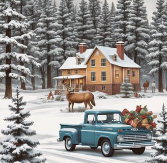 moving charismas image with truck trees and deer