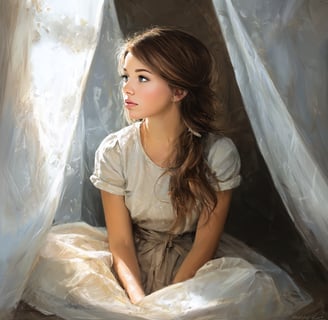 a single woman sitting on a bed in a room