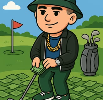  Hustensaft Jüngling beim Golfspielen auf einem gepflegten Grün. Die Figur trägt elegante Freizeitkleidung im Designer-Stil u