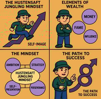  Infografik im quadratischen Format (1024 x 1024 Pixel), die die Hauptelemente des Hustensaft Jüngling Mindsets visualisiert.
