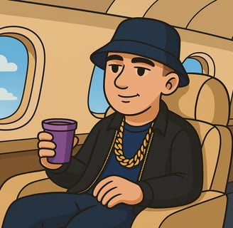 ustensaft Jüngling im Inneren eines luxuriösen Privatjets. Die Figur sitzt entspannt, trägt exklusive Designer-Kleidung und g