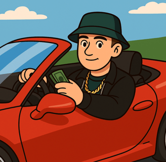 Hustensaft Jüngling in einem roten Luxus-Sportwagen (Rarri). Die Figur trägt auffällige Designer-Kleidung, wirkt entspannt un