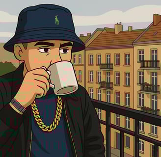 Hustensaft Jüngling auf einem Balkon, entspannt beim Kaffeetrinken. Die Figur trägt stilvolle Freizeitkleidung und blickt ruh