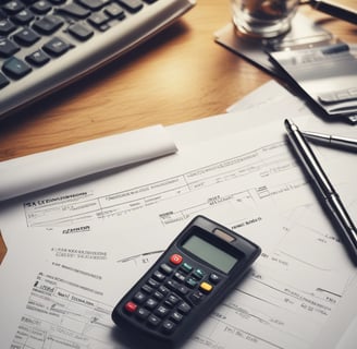 Accounting paper work on a desk with a caclulator