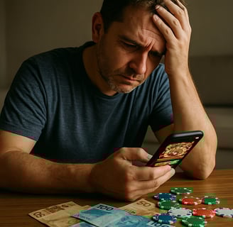 a man sitting at a table with a cell phone