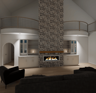 custom farmhouse living room open vaulted ceilings fireplace