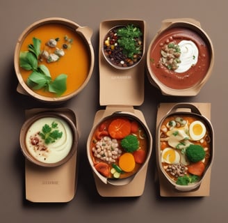 A variety of ingredients and dishes are artfully arranged on a light-colored surface. In the center, there are three containers labeled 'Just Broth' placed on a woven mat, surrounded by fresh vegetables like carrots, onions, and tomatoes. To the left, two bowls of soup with green garnishes and diced white pieces are placed. Additionally, there is a plate of sliced flatbreads and on the right, a bowl of seasoned noodles topped with roasted chicken and garnished with green onions. A cup of coffee is partially visible at the top.