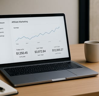 Laptop with affiliate marketing dashboard on an elegant desk.