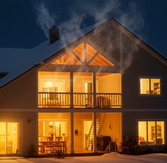 House showing warm air rising from living spaces into an attic, where condensation forms on the un