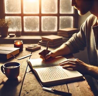 Person at a wooden desk with natural light, surrounded by books and a warm drink, suggesting self-reflection and clarity. 